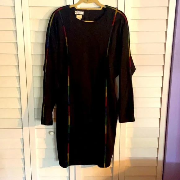 black white dress women Sugarhill Liselle Midi Knit Dress Rainbow Stripe Cuffs Black